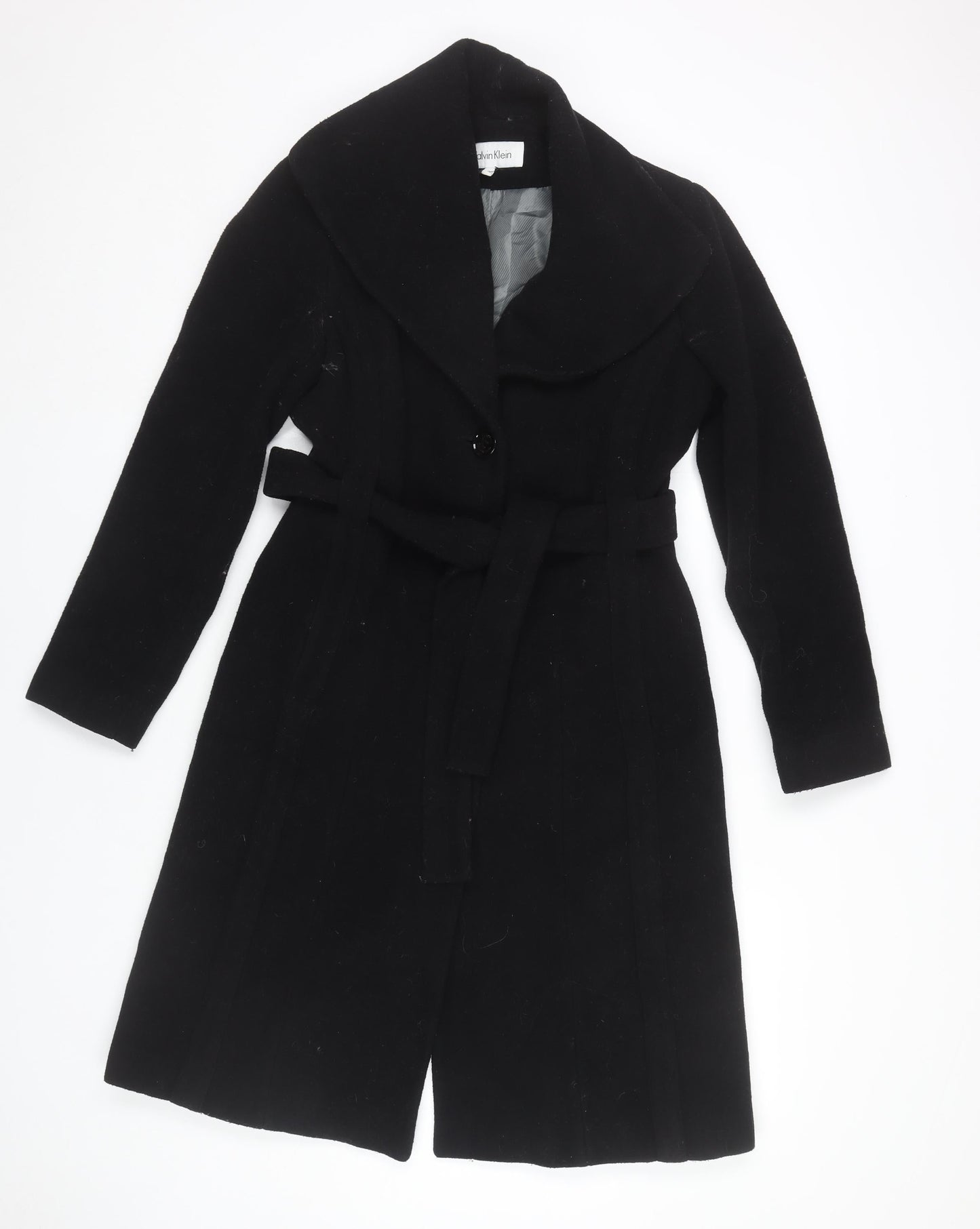 Calvin Klein Women's Black Wool Blend Long Overcoat Size 6 Belted