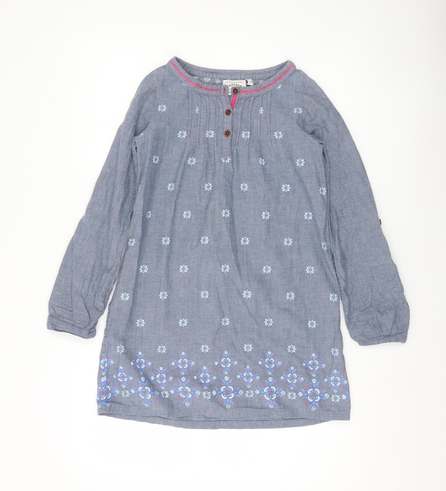 FatFace Girls Blue Floral Embroidered Shift Dress 7 Years Cotton Long Sleeve