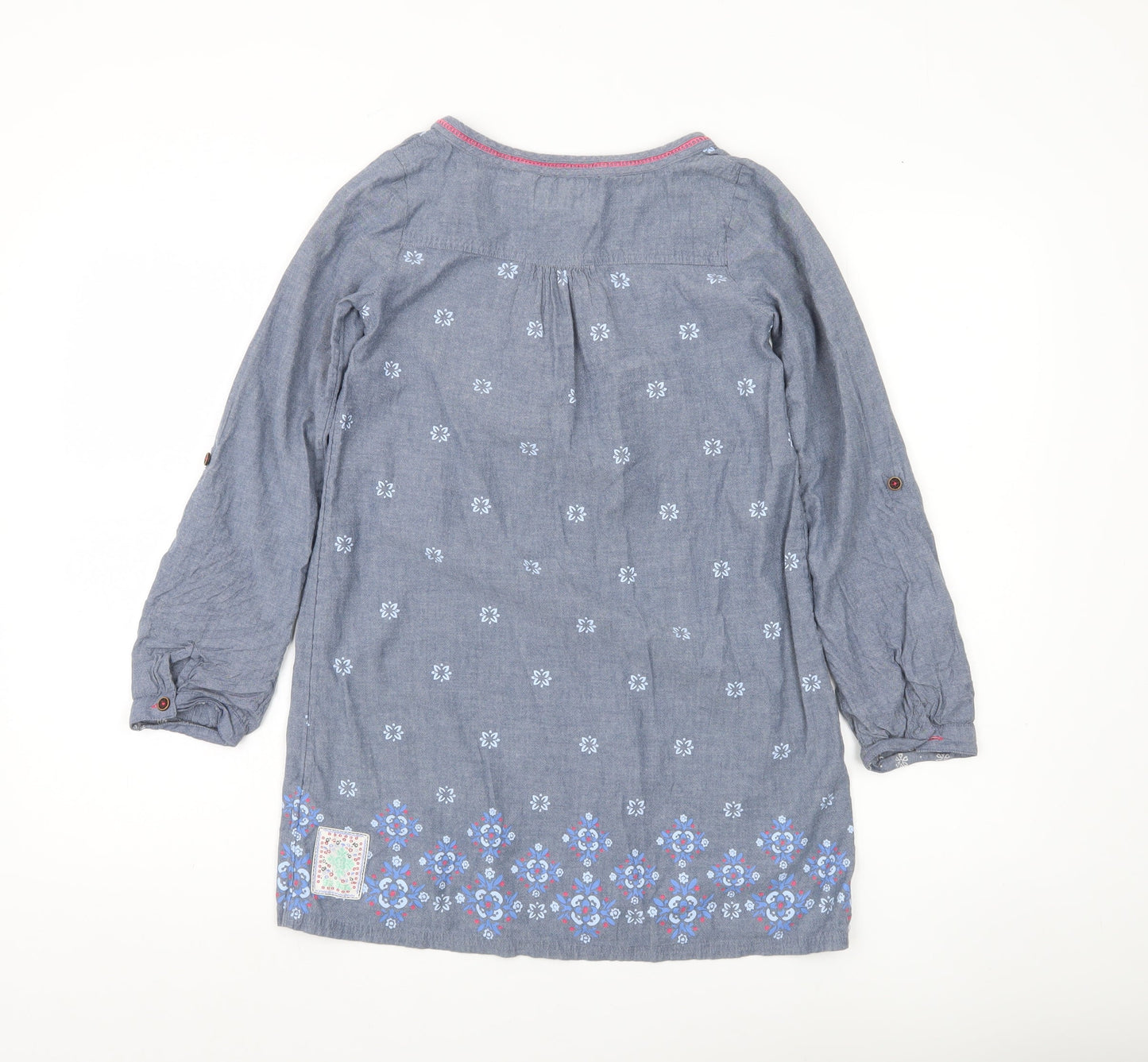 FatFace Girls Blue Floral Embroidered Shift Dress 7 Years Cotton Long Sleeve