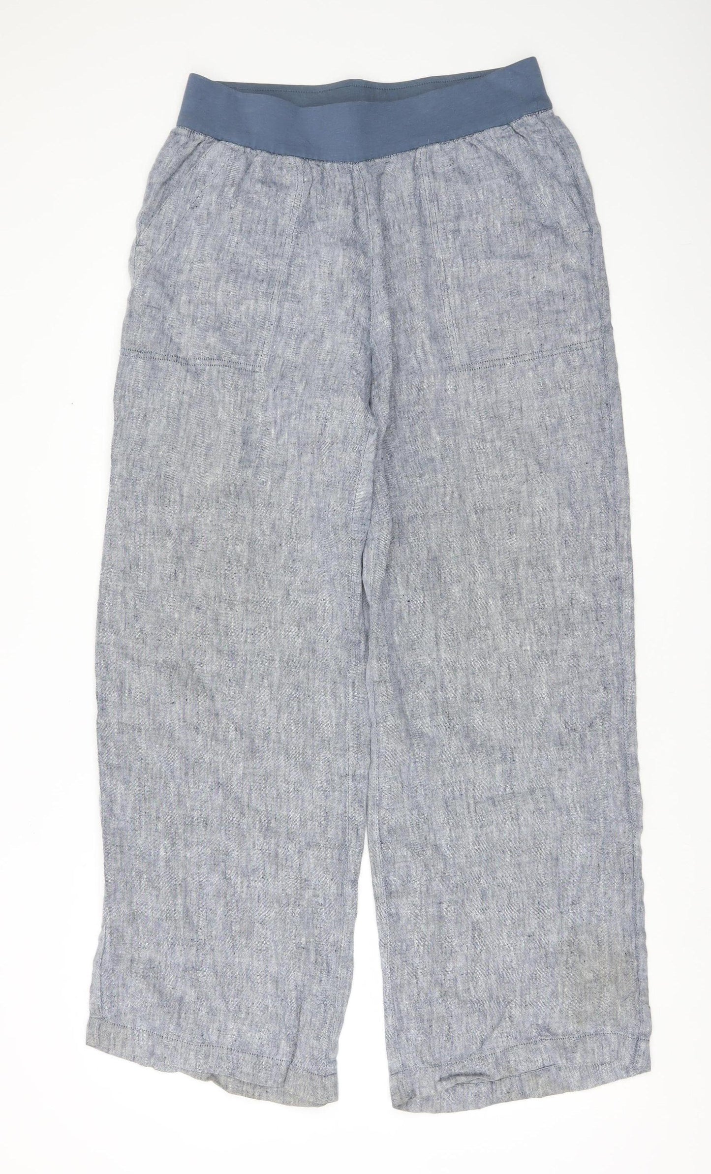 Lands' End Women’s Blue Linen Blend Elastic Waist Straight Leg Trousers Size 14