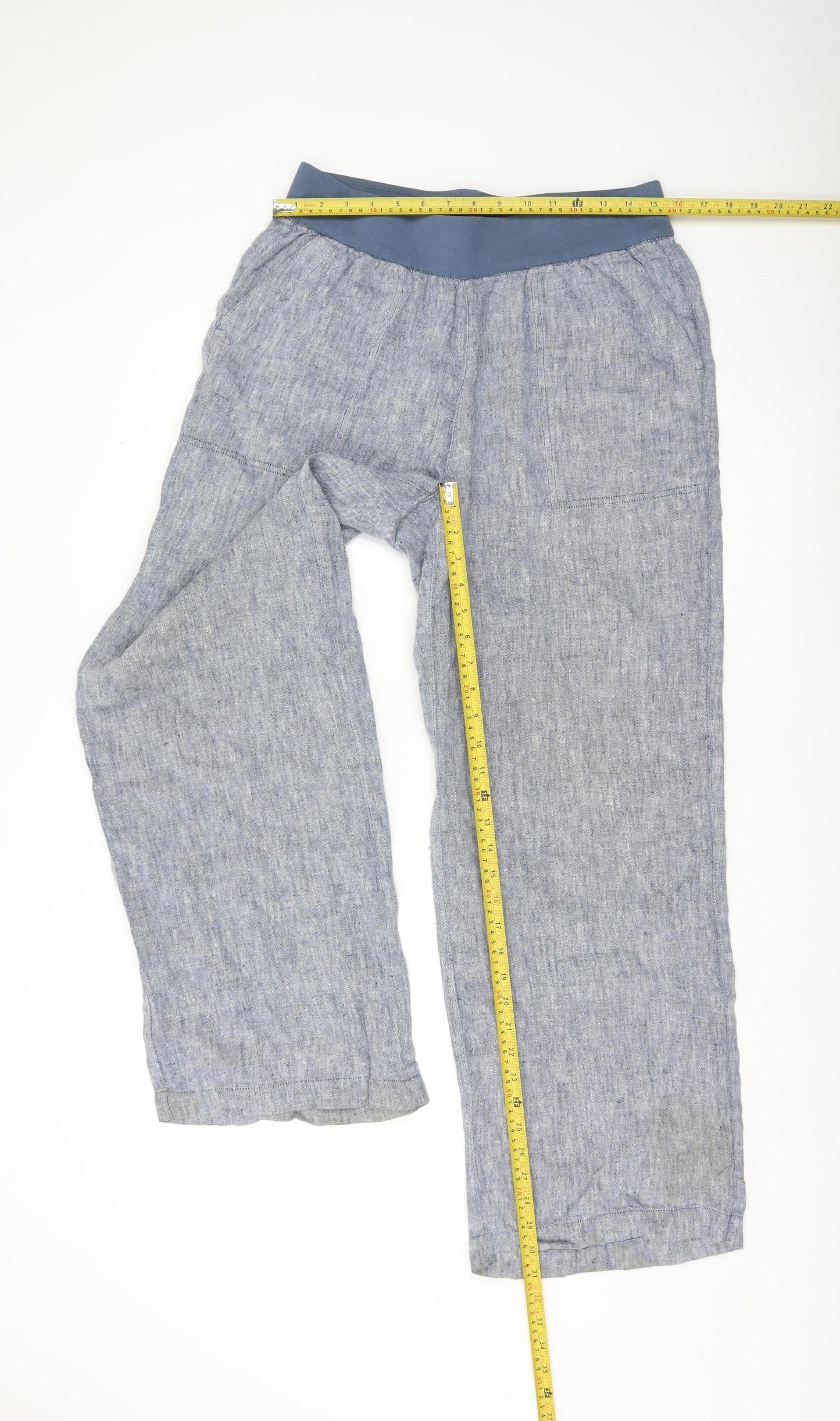 Lands' End Women’s Blue Linen Blend Elastic Waist Straight Leg Trousers Size 14