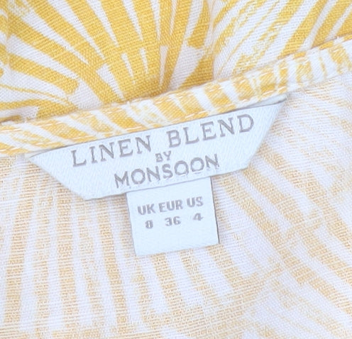 Monsoon Women’s Yellow Linen Blend Blouse Size 8 V-Neck 3/4 Sleeve