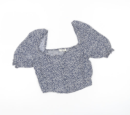 Superdry Women Blue Floral Cropped Blouse Puff Sleeve Size 8
