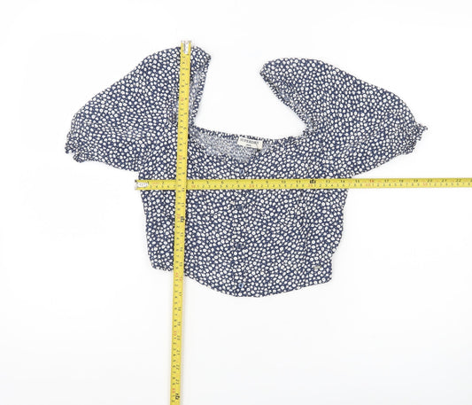 Superdry Women Blue Floral Cropped Blouse Puff Sleeve Size 8