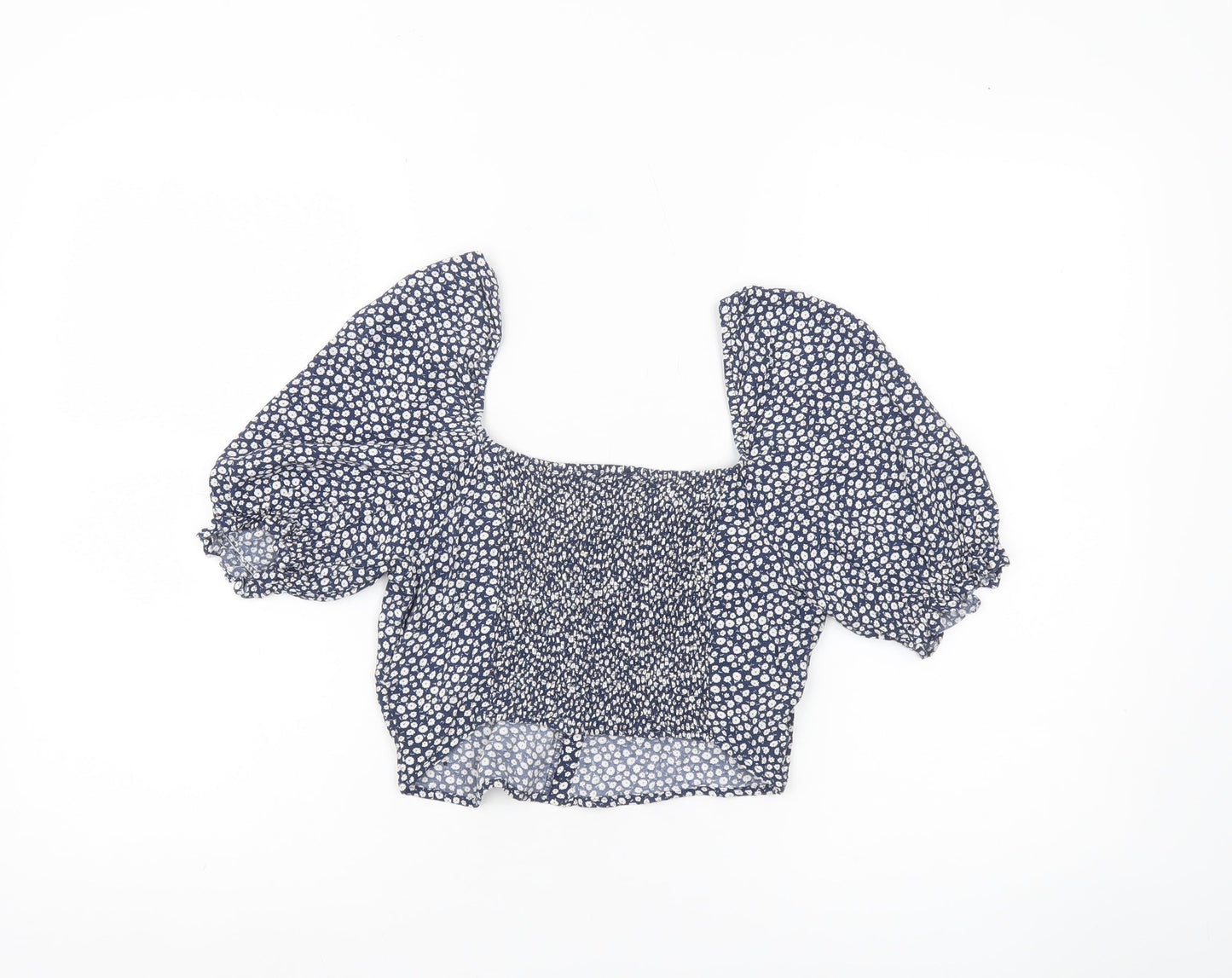 Superdry Women Blue Floral Cropped Blouse Puff Sleeve Size 8