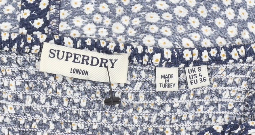 Superdry Women Blue Floral Cropped Blouse Puff Sleeve Size 8