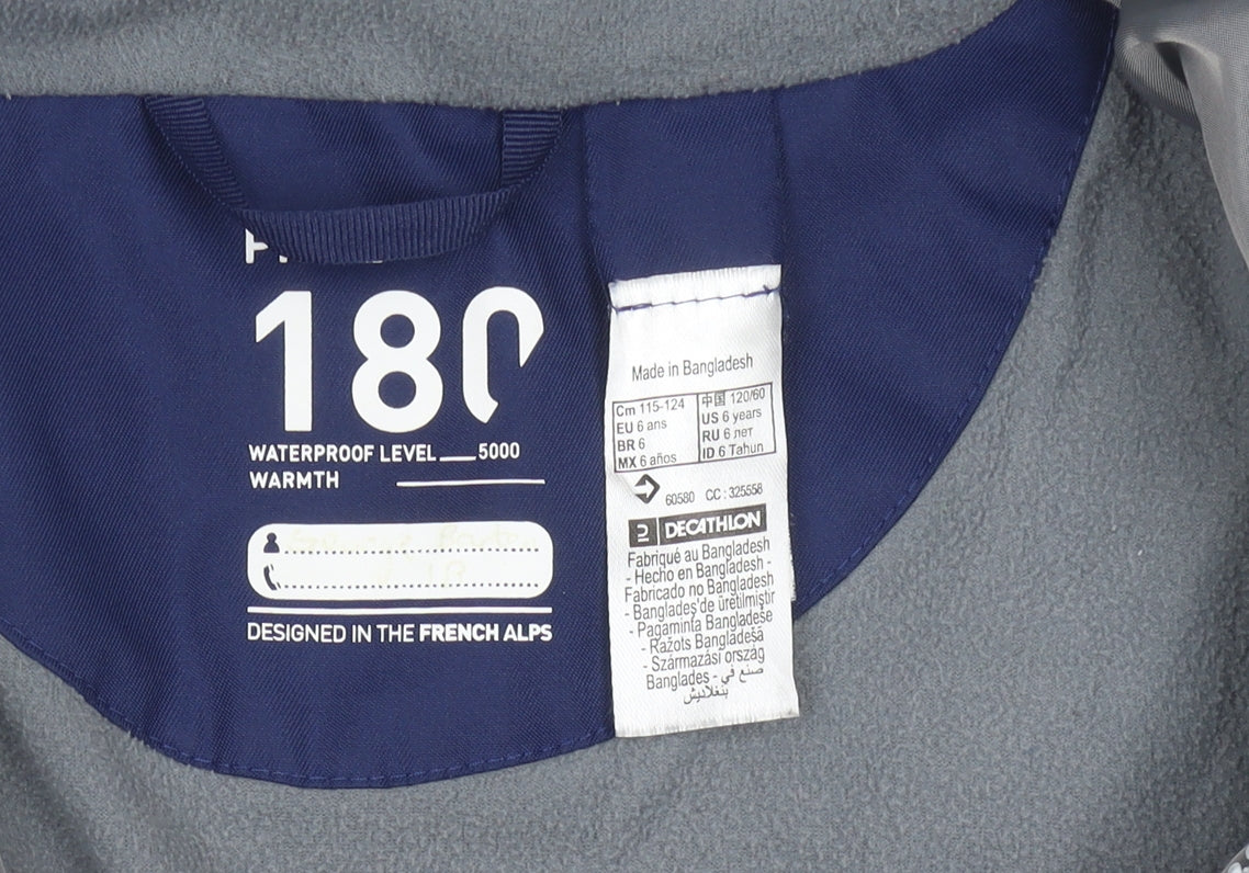 Brand and care label for Wedze boys’ grey ski jacket 6 years hooded waterproof insulated winter coat