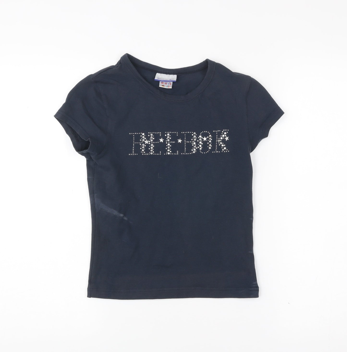 Reebok Womens Blue Slim Fit Rhinestone Logo T-Shirt Size 10