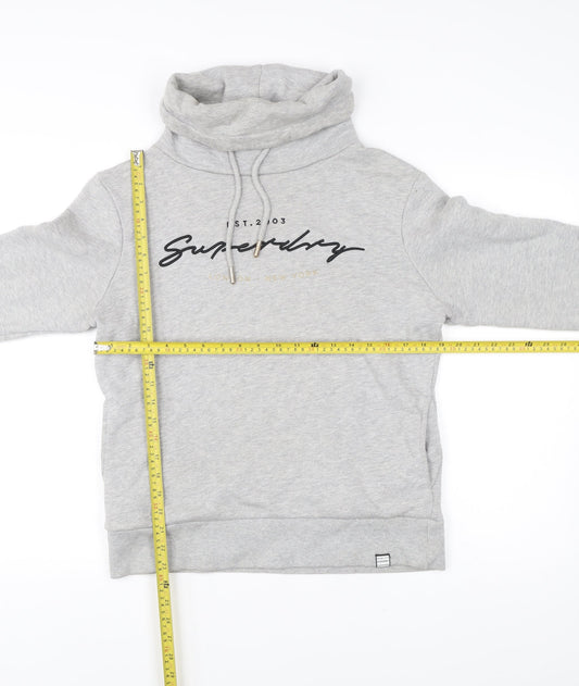 Superdry Womens Grey Hoodie UK 12 Pullover Cowl Neck Logo Sweatshirt