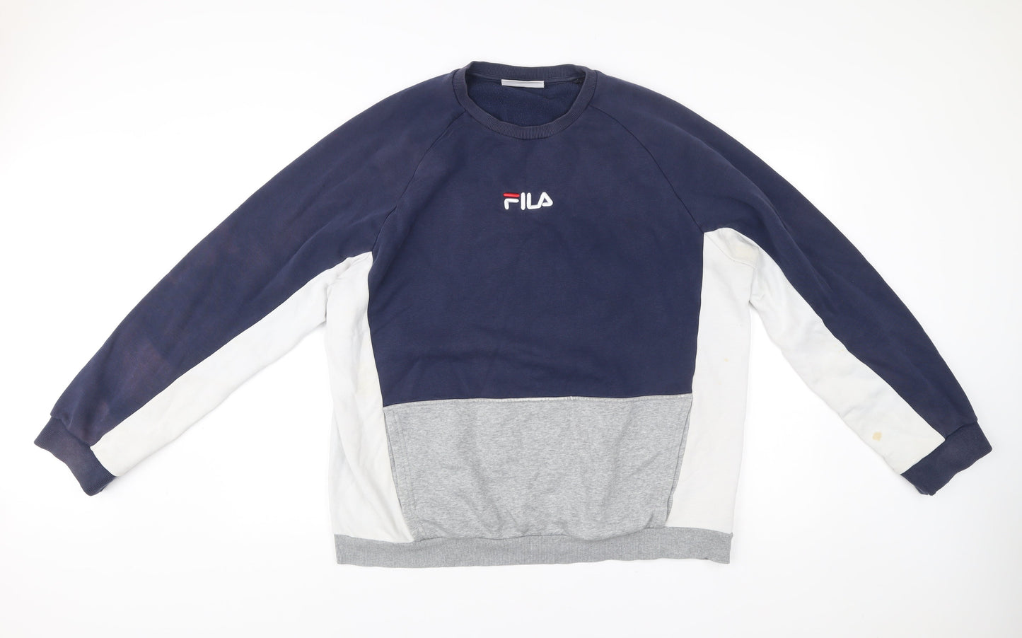 Fila Mens 2XL Pullover Sweatshirt Blue White Grey Logo Crew Neck