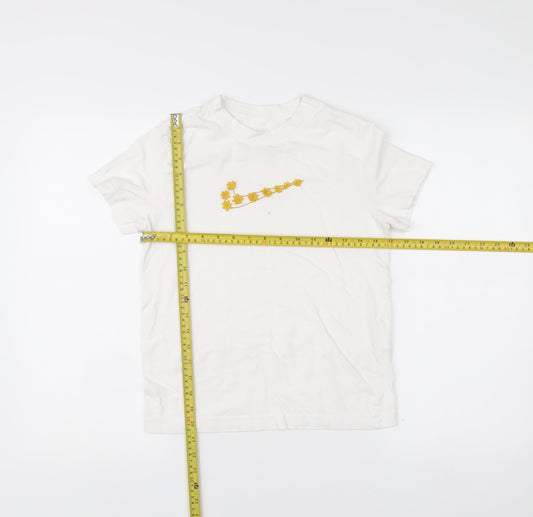 Nike Womens White Embroidered Floral Swoosh Loose Fit T-Shirt Size S