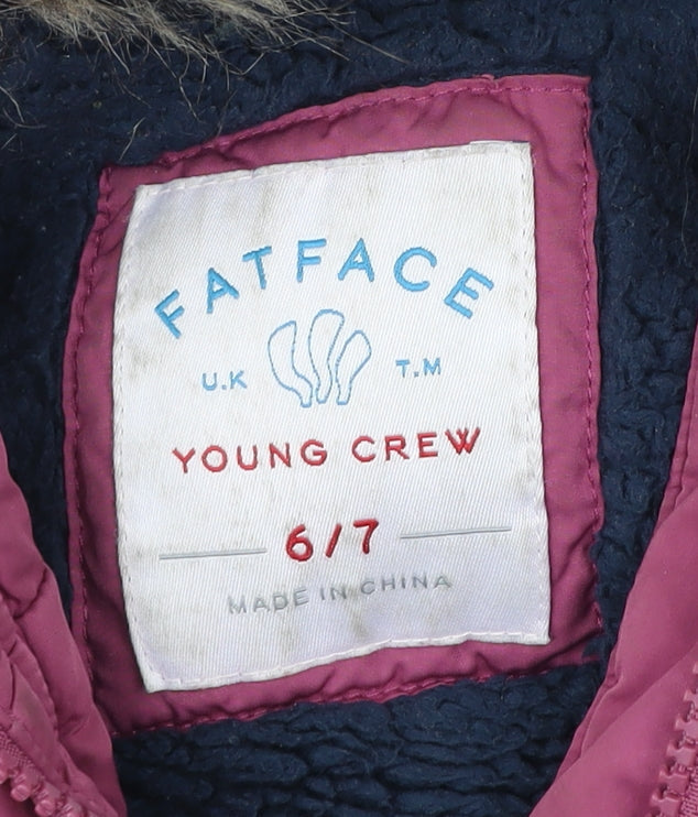 FatFace Girls Pink Puffer Coat 6-7 Years Hooded Faux Fur Trim Winter Jacket