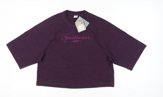 Puma Womens Purple Cropped T-Shirt M Raglan Sleeve Casual Sportswear