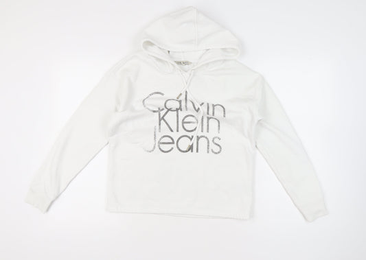Calvin Klein Womens White Pullover Hoodie Size M Logo Print