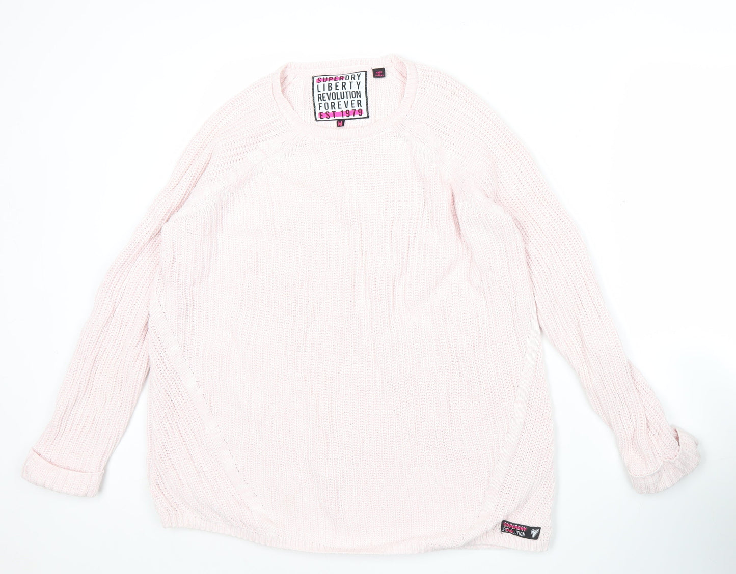 Superdry Womens Pink Cotton Knit Pullover Jumper Size M Crew Neck