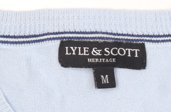 Lyle & Scott Men's Blue Cotton V-Neck Jumper Size M Long Sleeve