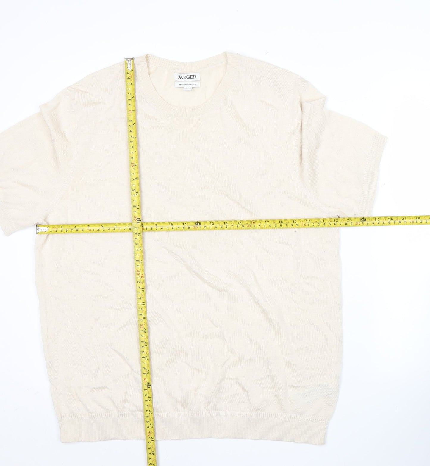 Jaeger Men’s Beige Merino Wool Silk Pullover Jumper 2XL Short Sleeve