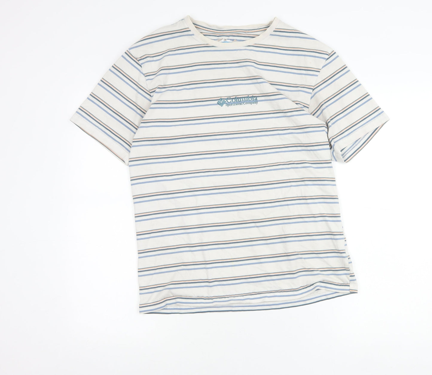 Columbia Men’s Beige Striped Cotton T-Shirt Size M Logo Tee