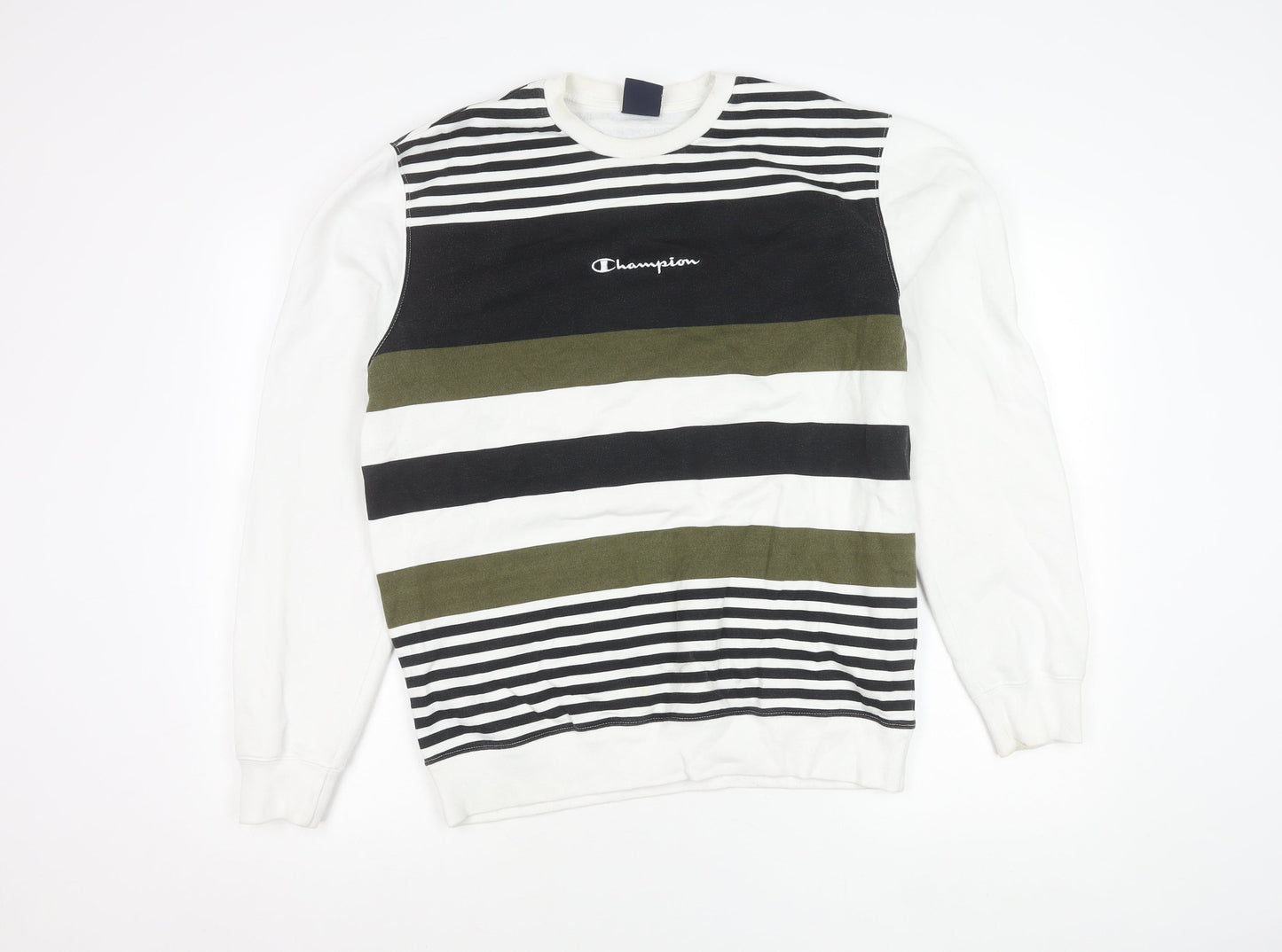 Champion Men's Striped Sweatshirt White Black Green Medium Pullover