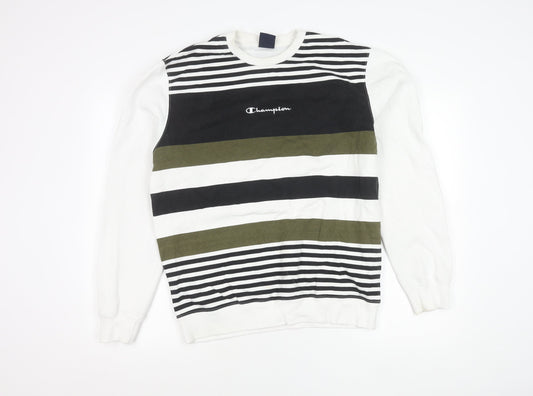 Champion Men's Striped Sweatshirt White Black Green Medium Pullover