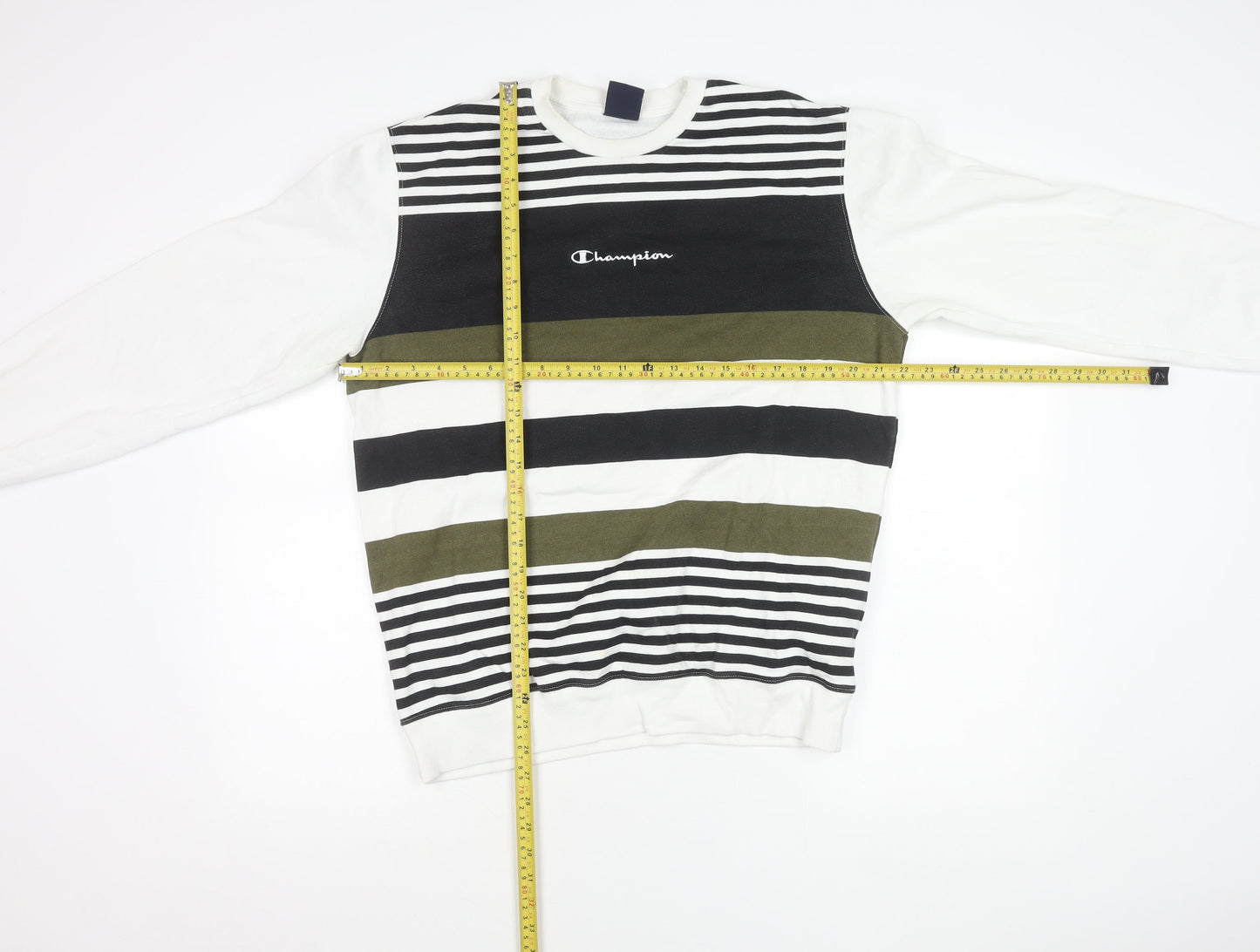 Champion Men's Striped Sweatshirt White Black Green Medium Pullover