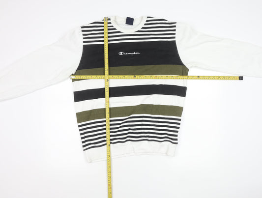 Champion Men's Striped Sweatshirt White Black Green Medium Pullover