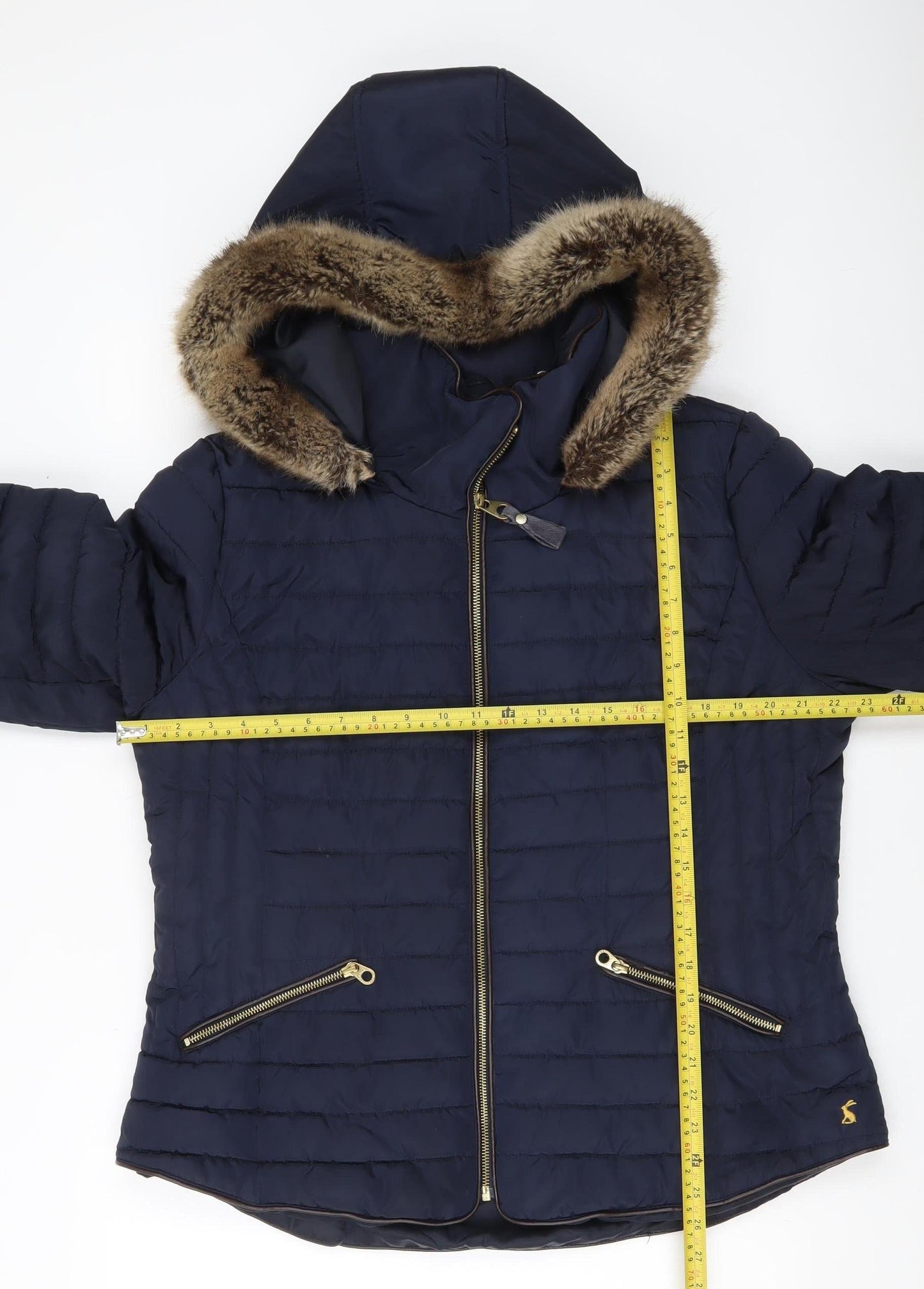 Joules Womens Blue Puffer Jacket Size 18 Faux Fur Hooded Winter Coat