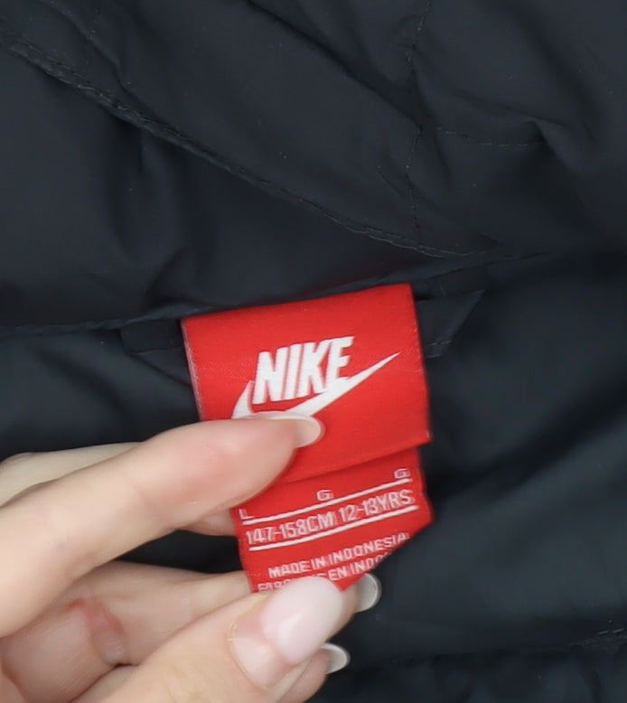 Nike Boys Black 12-13 Years Puffer Jacket Hooded Quilted Winter Coat