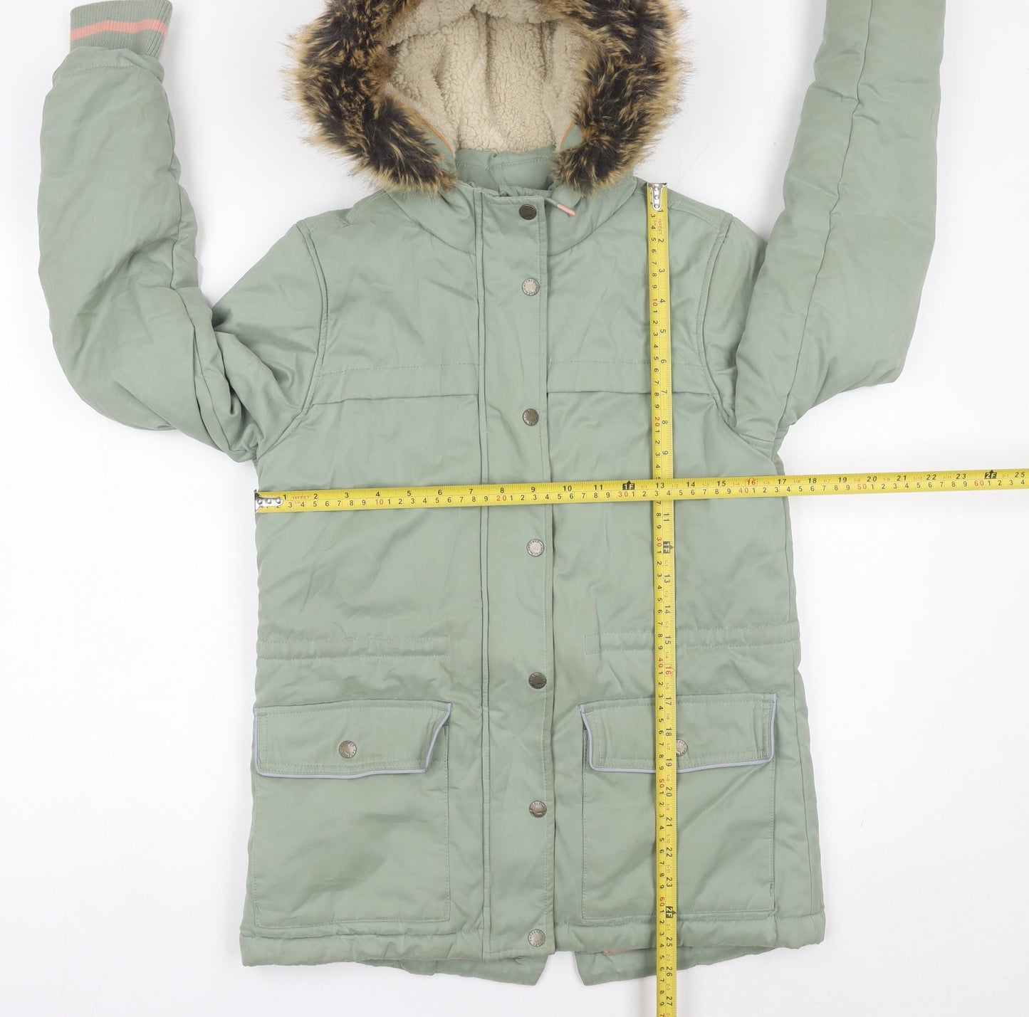 FatFace Girls Green Faux Fur Hooded Parka Coat Jacket Age 13 Years