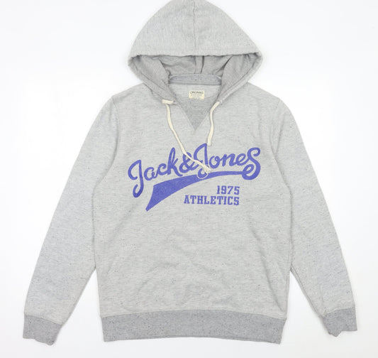 Jack & Jones Mens Grey Pullover Hoodie M Graphic Print Athletic