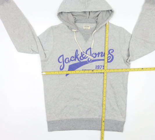 Jack & Jones Mens Grey Pullover Hoodie M Graphic Print Athletic