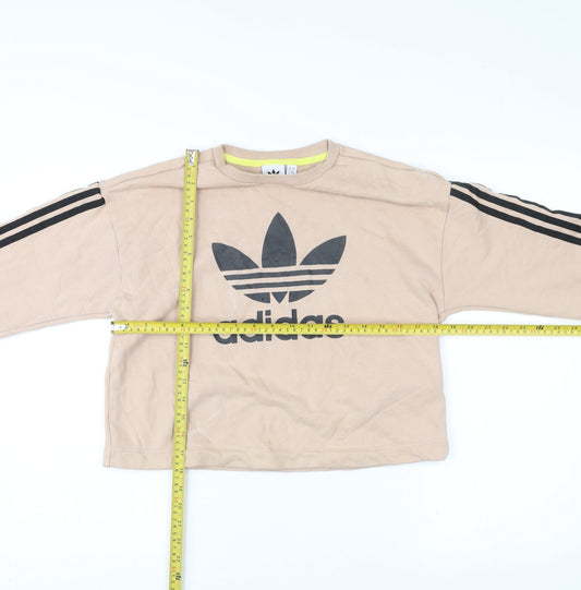 Adidas Womens Beige Sweatshirt Size 10 Crew Neck Pullover Logo Print