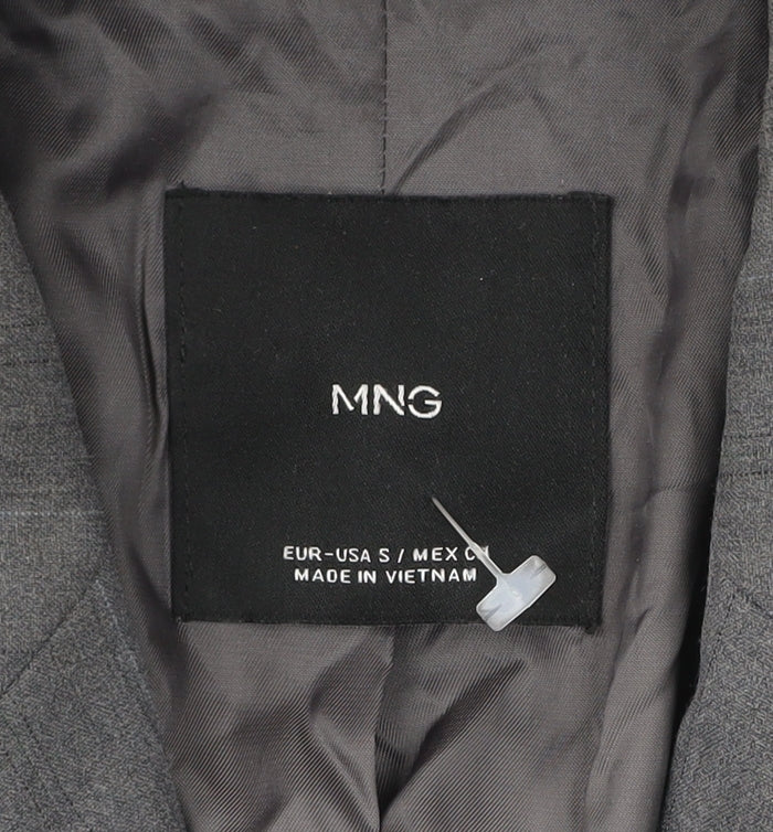 Brand and care label for Mango Men’s Grey Striped Blazer Jacket, size S, Regular Fit Smart