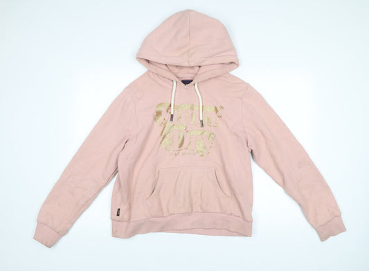Superdry Womens Pink Pullover Hoodie UK 14 Logo Glitter Casual
