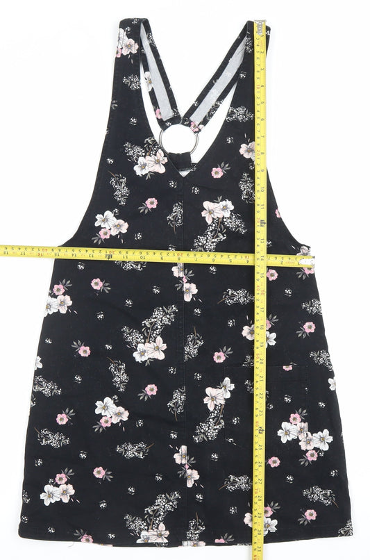 H&M Women Black Floral Pinafore Dress Size 6 Cotton Stretch