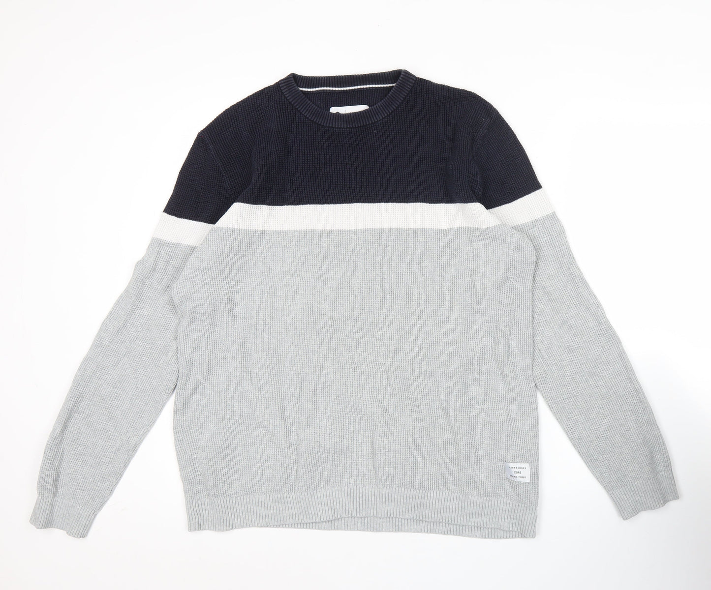 Jack & Jones Mens Grey & Black Striped Cotton Pullover Jumper L