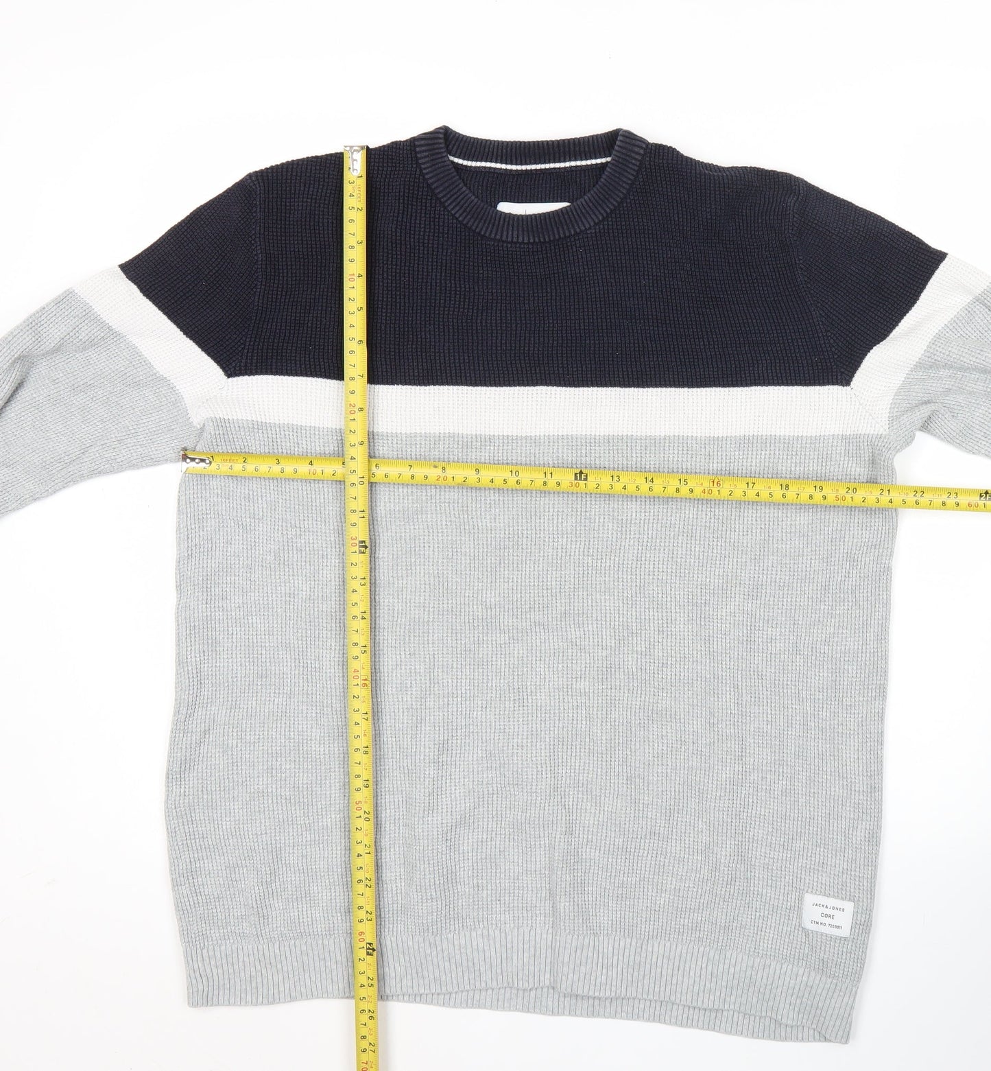 Jack & Jones Mens Grey & Black Striped Cotton Pullover Jumper L