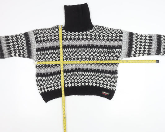Superdry Womens Black Fair Isle Roll Neck Jumper Size 14 Knit Winter