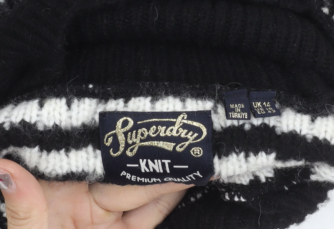 Superdry Womens Black Fair Isle Roll Neck Jumper Size 14 Knit Winter