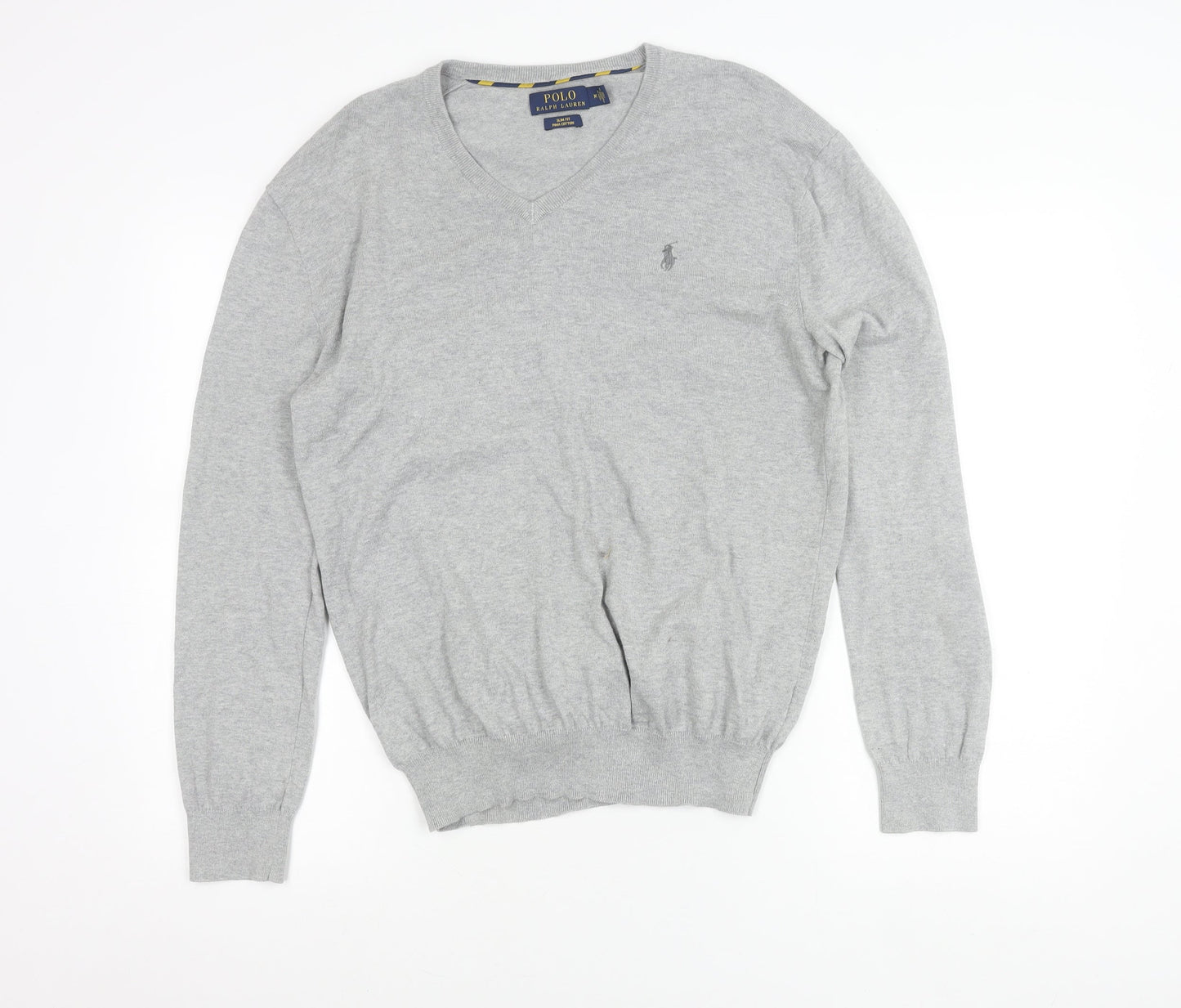 Ralph Lauren Men's Grey Slim Fit V-Neck Cotton Jumper Size M