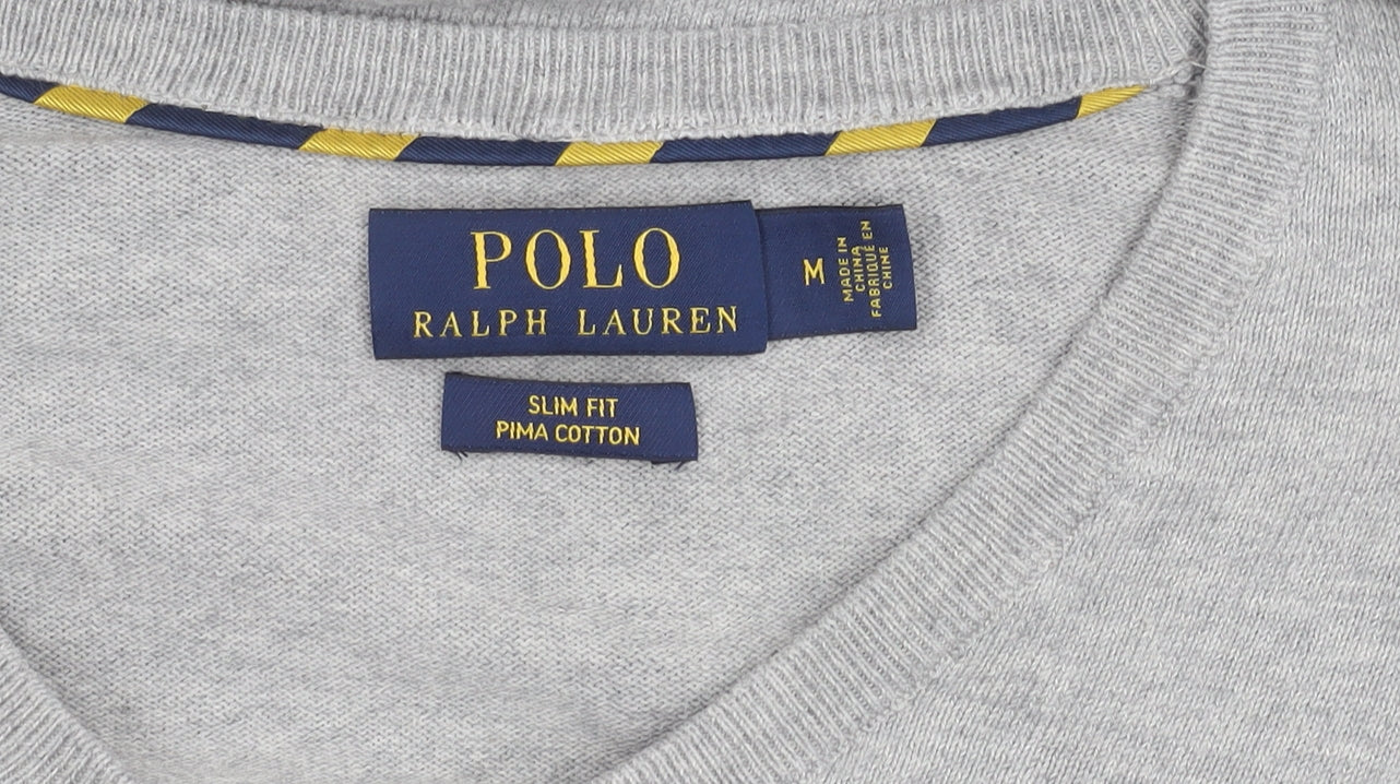 Ralph Lauren Men's Grey Slim Fit V-Neck Cotton Jumper Size M