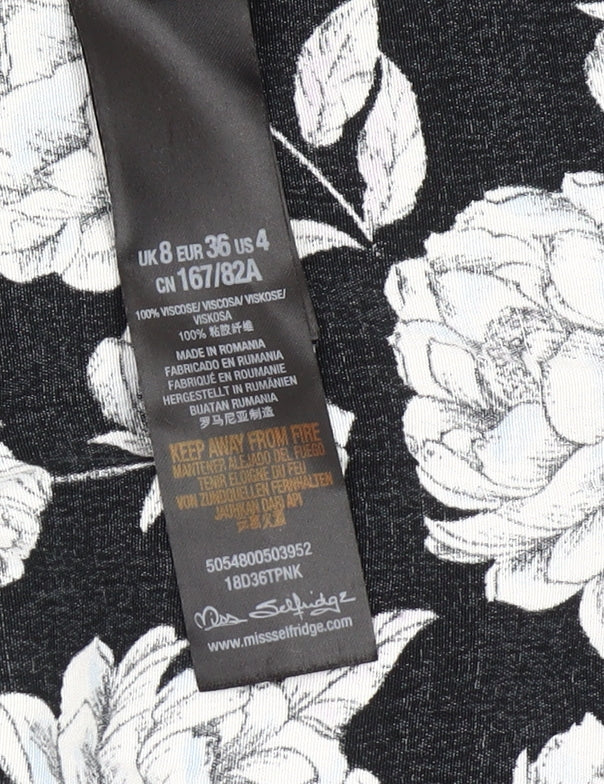 Brand and care label for Miss Selfridge Women’s Black Floral Shirt Dress, size UK 8, Viscose