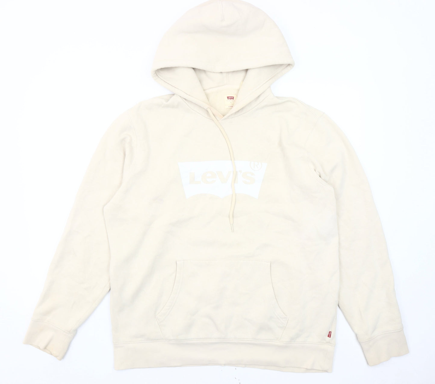 Levi's Men Beige Pullover Hoodie L Logo Graphic Fleece