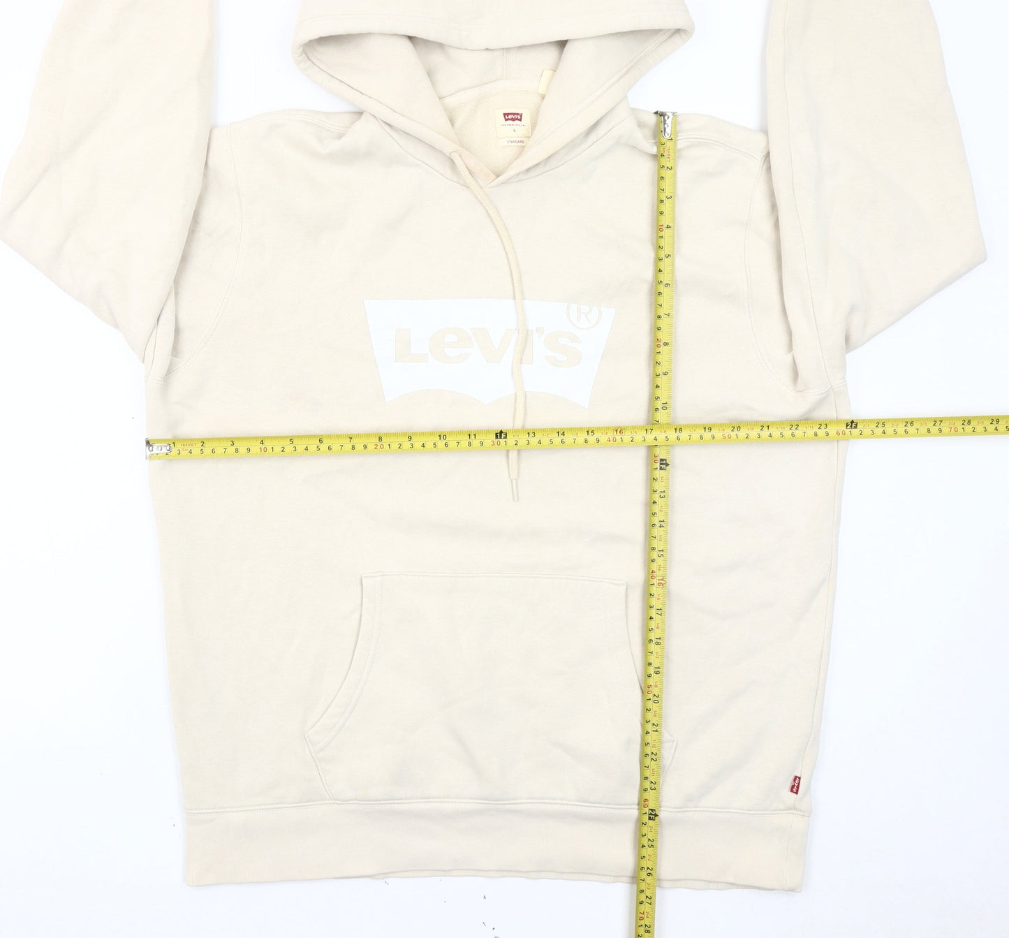 Levi's Men Beige Pullover Hoodie L Logo Graphic Fleece