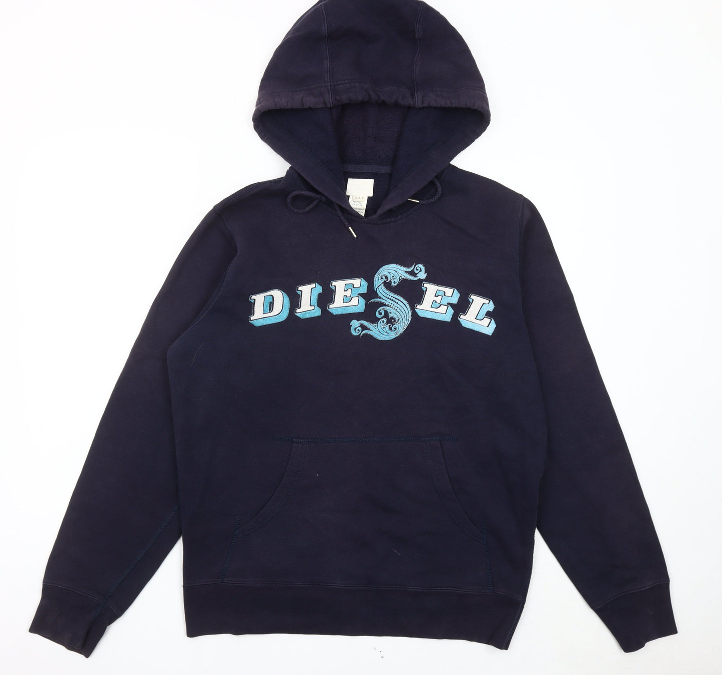 Diesel Mens Blue Pullover Hoodie L Logo Cotton Fleece Sweatshirt
