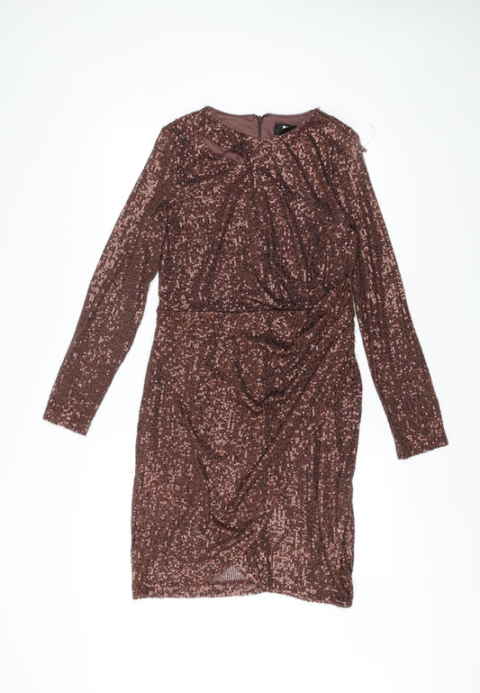 DKNY Women’s Brown Sequin Bodycon Dress Size 12 Long Sleeve Knee Length