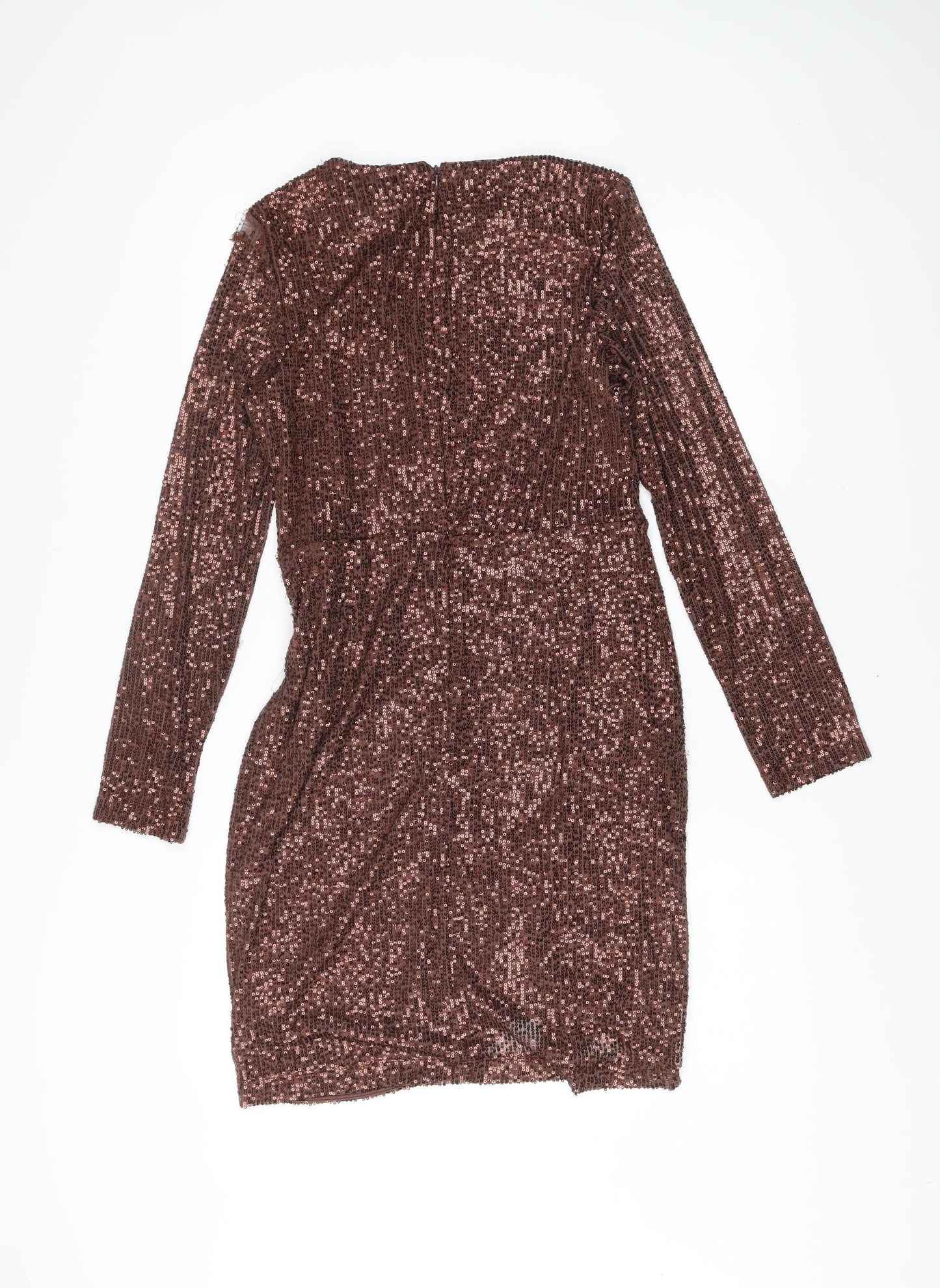 DKNY Women’s Brown Sequin Bodycon Dress Size 12 Long Sleeve Knee Length