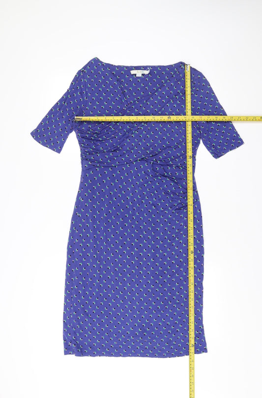Boden Women’s Blue V-Neck Sheath Dress Ruched 3/4 Sleeve UK Size