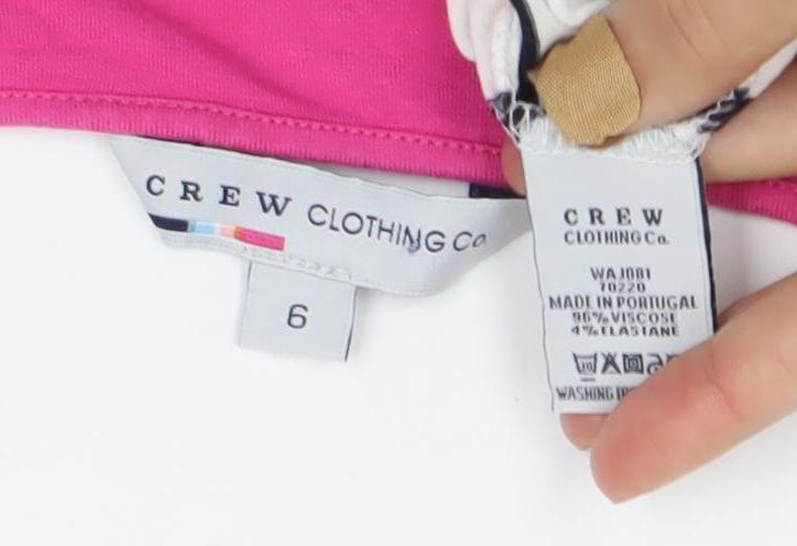 Brand and care label for Crew Clothing Pink White Black Striped Tank Dress, size 6