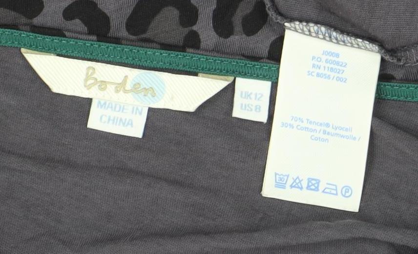 Boden Women Grey Leopard Print 3/4 Sleeve Cotton T-Shirt Size 12